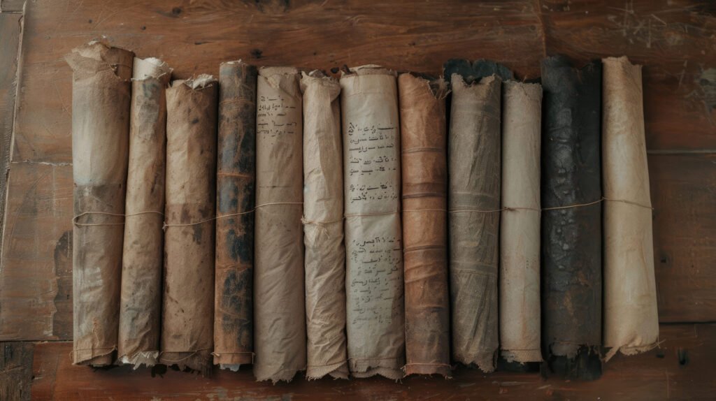 Ancien parchemin déroulé avec une écriture manuscrite, symbolisant les grandes époques du piano.
